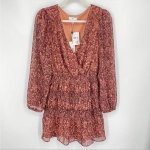NWT Socialite long sleeve floral mini ruffle dress Sz S brown rose